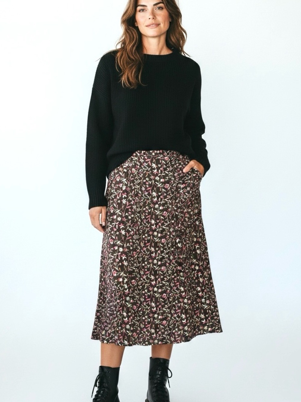 Y2K 90s Ditsy Floral Button Front Midi Skirt Brown Size 12 L Grunge Cottagecore